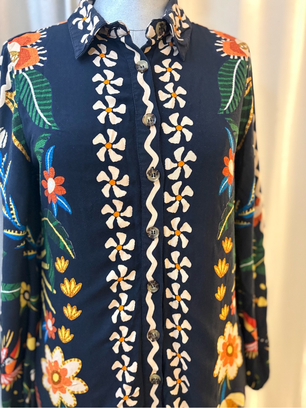 Farm Rio x Anthropologie Embroidered Floral Bird Maxi Shirt Dress 100% Viscose S - Picture 4 of 16